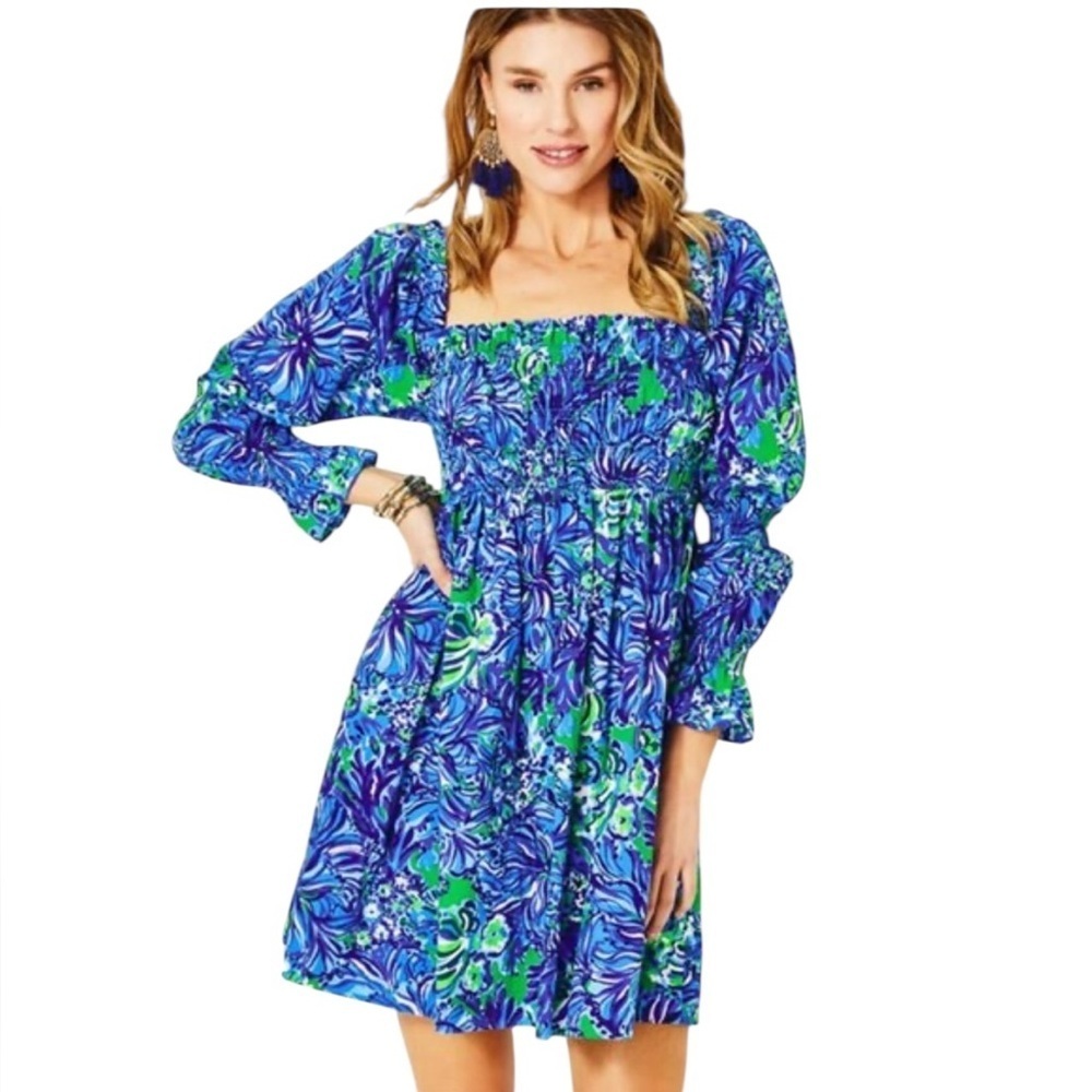 Lilly Pulitzer Beyonca Smocked Dress Blue Green Print XS